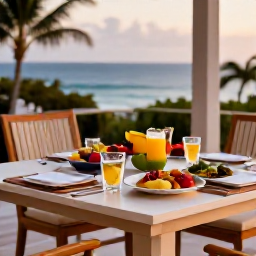 Caribbean Holidays, Haiti Luxury Holidays, An elegant Haitian dining table on a tropical terrace, featuring colourful local dishes, fresh fruit and soft evening light