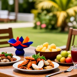 Caribbean Holidays, Haiti Luxury Holidays, An elegant Haitian dining table with fresh seafood, tropical fruit and colourful local dishes overlooking a lush garden