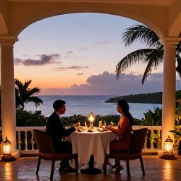 Caribbean Holidays, Haiti Luxury Holidays, An elegant Haitian hotel terrace at sunset in May, with a couple enjoying dinner, soft lantern light, tropical plants and a view across the Caribbean