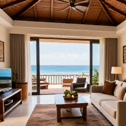Caribbean Holidays, Haiti Luxury Holidays, An elegant luxury hotel suite in Haiti with natural materials, comfortable furnishings, large windows and a view of the Caribbean Sea