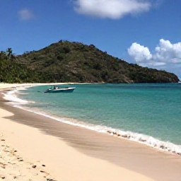 Caribbean Holidays, Haiti Luxury Holidays, Clear turquoise water and quiet sandy beach near Jacmel, Haiti, with a small private boat and tropical hills