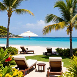 Caribbean Holidays, Haiti Luxury Holidays, Elegant boutique hotel overlooking a turquoise Caribbean bay in Haiti, with comfortable loungers and tropical gardens