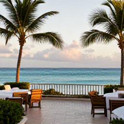 Caribbean Holidays, Haiti Luxury Holidays, Elegant boutique hotel terrace overlooking a tropical Haitian coastline in August, warm evening light