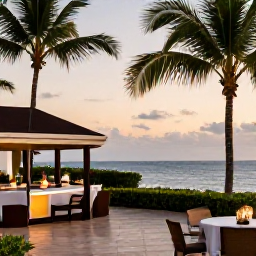 Caribbean Holidays, Haiti Luxury Holidays, Elegant boutique hotel terrace overlooking a tropical Haitian coastline in September, warm evening light