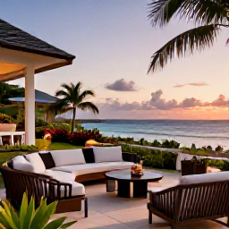 Caribbean Holidays, Haiti Luxury Holidays, Elegant boutique hotel terrace overlooking Haiti's Caribbean coastline at sunset, with comfortable seating, tropical gardens and a sophisticated relaxed atmosphere