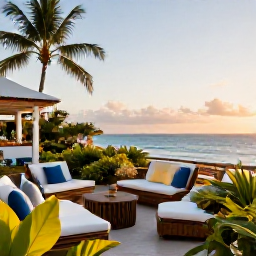 Caribbean Holidays, Haiti Luxury Holidays, Elegant boutique hotel terrace overlooking the Caribbean Sea in Haiti at golden hour, comfortable seating, tropical gardens, authentic local details
