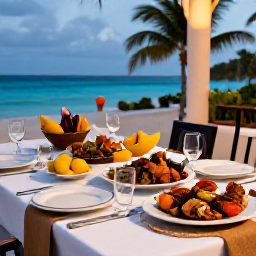 Caribbean Holidays, Haiti Luxury Holidays, Elegant Haitian dinner table with fresh seafood, tropical fruit, local dishes and soft evening lighting