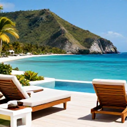 Caribbean Holidays, Haiti Luxury Holidays, Elegant seaside resort in Haiti during June, with a private terrace, turquoise water and lush tropical hills