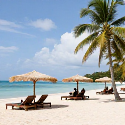 Caribbean Holidays, Haiti Luxury Holidays, Guests enjoying a quiet luxury beachfront setting in Haiti, with white sand, calm blue sea, shaded loungers and tropical vegetation