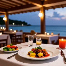 Caribbean Holidays, Haiti Luxury Holidays, Haitian gourmet meal served at an elegant open-air restaurant beside the sea, with colourful local ingredients and soft evening lighting