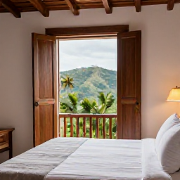 Caribbean Holidays, Haiti Luxury Holidays, Luxury hotel bedroom in Haiti with natural materials, crisp linen, open shutters and views towards tropical hills