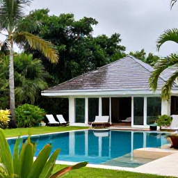 Caribbean Holidays, Haiti Luxury Holidays, Private infinity pool beside a stylish Caribbean villa surrounded by lush green foliage after a light rain shower