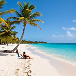 Caribbean Holidays, Haiti Luxury Holidays, Quiet Haitian beach with clear turquoise water, palm trees and a couple relaxing in August sunshine