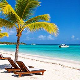 Caribbean Holidays, Haiti Luxury Holidays, Quiet Haitian beach with clear turquoise water, palm trees, shaded sun loungers and a small boat offshore