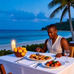 Caribbean Holidays, Haiti Luxury Holidays, Refined Haitian dinner beside the sea, featuring fresh local seafood, tropical fruit and warm evening lighting