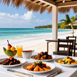 Caribbean Holidays, Haiti Luxury Holidays, Refined Haitian dinner with fresh seafood, tropical fruit and local dishes served on a shaded terrace overlooking the sea