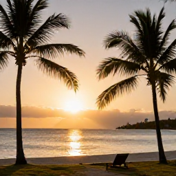 Caribbean Holidays, Haiti Luxury Holidays, Sunset over a quiet Haitian coastline with a luxury retreat, palm silhouettes and warm evening light
