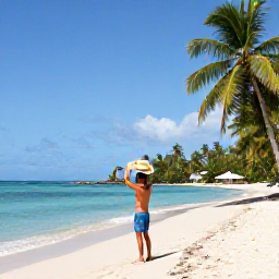 Caribbean Holidays, Haiti Luxury Holidays, Traveller relaxing on a secluded sandy beach in Haiti with clear blue water, palm trees and a small luxury beach retreat