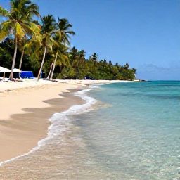 Caribbean Holidays, Haiti March Holidays, A beautiful Haitian beach in March with clear shallow water, soft golden sand, sun loungers and lush green coastal scenery