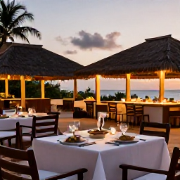 Caribbean Holidays, Haiti March Holidays, An elegant adults-only resort restaurant in Haiti at sunset, with an outdoor table, Caribbean dishes and warm evening lighting