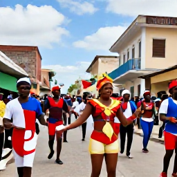 Caribbean Holidays, Haiti March Holidays, Colourful Haitian carnival performers and musicians in a lively Port-au-Prince street celebration during March