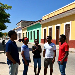 Caribbean Holidays, Haiti March Holidays, Friendly local guide speaking with travellers in a Haitian town, with colourful buildings and a sunny street behind them