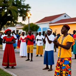Caribbean Holidays, Haiti May Holidays, Colourful Haitian cultural celebration in a town square during May, with traditional music, local people, vibrant clothing and warm evening light