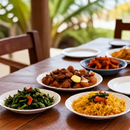 Caribbean Holidays, Haiti May Holidays, Fresh Haitian dishes arranged on a rustic table, including griot, pikliz, rice and beans, with a relaxed tropical setting