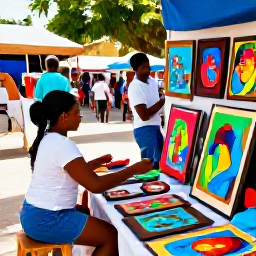 Caribbean Holidays, Haiti May Holidays, Haitian artists displaying colourful paintings and handmade crafts in an open-air market during a bright May day