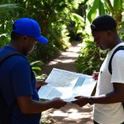 Caribbean Holidays, Haiti Nature Holidays, A friendly local guide showing travellers a map beside a Haitian nature trail in warm February sunshine