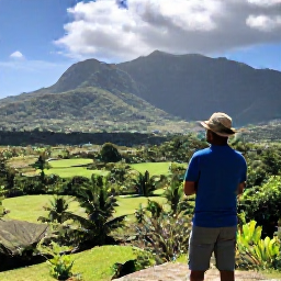 Caribbean Holidays, Haiti Nature Holidays, A friendly local guide showing visitors a natural viewpoint in Haiti, with mountains and tropical countryside in the background