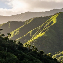 Caribbean Holidays, Haiti Nature Holidays, A lush Haitian mountain landscape in July with green hills, tropical trees and soft morning light