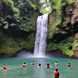 Caribbean Holidays, Haiti Nature Holidays, A peaceful Haitian waterfall surrounded by dense green forest, with visitors swimming in a clear natural pool