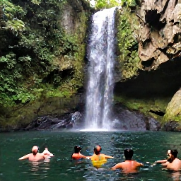 Caribbean Holidays, Haiti Nature Holidays, A peaceful Haitian waterfall surrounded by tropical vegetation, with visitors cooling off in a clear pool