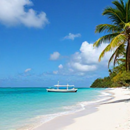 Caribbean Holidays, Haiti Nature Holidays, A quiet Haitian tropical beach with turquoise water, palms and a small traditional fishing boat