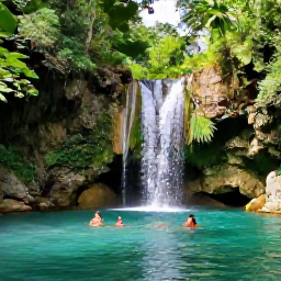 Caribbean Holidays, Haiti Nature Holidays, A turquoise waterfall pool surrounded by tropical vegetation in Haiti, with swimmers enjoying a peaceful natural setting