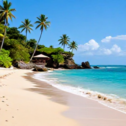 Caribbean Holidays, Haiti Nature Holidays, Calm turquoise water and a sandy beach near Jacmel, Haiti, with palms, rocky coastline and a small traditional boat