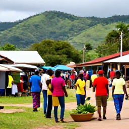 Caribbean Holidays, Haiti Nature Holidays, Friendly Haitian outdoor market and countryside scene in August, with local produce, colourful clothing and green hills in the background