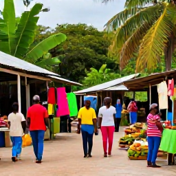 Caribbean Holidays, Haiti Nature Holidays, Friendly Haitian outdoor market and countryside travel scene in June, showing local produce, colourful clothing and tropical surroundings