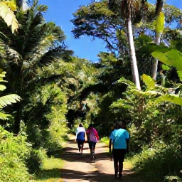 Caribbean Holidays, Haiti Nature Holidays, Haitian mountain trail through tropical vegetation, with travellers walking beneath trees in clear January sunshine