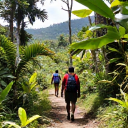Caribbean Holidays, Haiti Nature Holidays, Hikers walking through lush Haitian mountain forest on a clear trail with tropical plants and distant hills