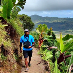 Caribbean Holidays, Haiti Nature Holidays, Hiking trail through green Haitian mountains in June, with local guide, tropical vegetation and distant valleys