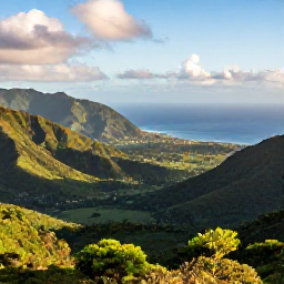 Caribbean Holidays, Haiti Nature Holidays, Panoramic view of Haiti's green mountains, tropical valleys and blue Caribbean coastline in warm morning light