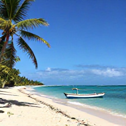 Caribbean Holidays, Haiti Nature Holidays, Quiet Haitian beach in June with turquoise water, palm trees and a small traditional fishing boat