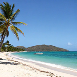 Caribbean Holidays, Haiti Nature Holidays, Quiet Haitian beach with turquoise Caribbean water, palms, fishing boats and low green hills in the background