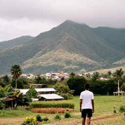 Caribbean Holidays, Haiti Nature Holidays, Traveller enjoying a peaceful Haitian countryside landscape with mountains, small farms and a village in the distance