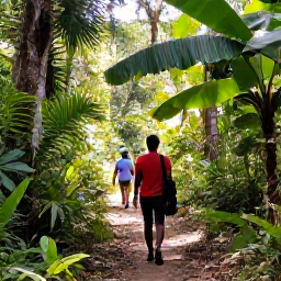 Caribbean Holidays, Haiti Nature Holidays, Visitors walking through lush Haitian woodland on a January nature trail, with tropical plants and filtered sunlight