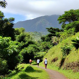 Caribbean Holidays, Haiti Nature Holidays, Visitors walking through the lush hills and forest near Kenscoff, Haiti, with tropical vegetation and distant mountain views