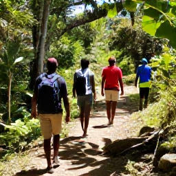 Caribbean Holidays, Haiti Nature Holidays, Visitors walking with a local guide through a lush Haitian mountain trail in warm December sunshine