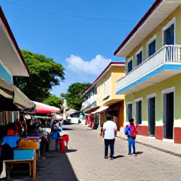 Caribbean Holidays, Haiti November Holidays, Friendly Haitian street scene with colourful buildings, local market stalls and visitors exploring in November sunshine